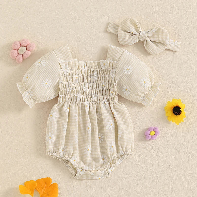 Baby Girls Romper Set with Headband - Plaid Flower Print Short Sleeve Bodysuit 2-Piece