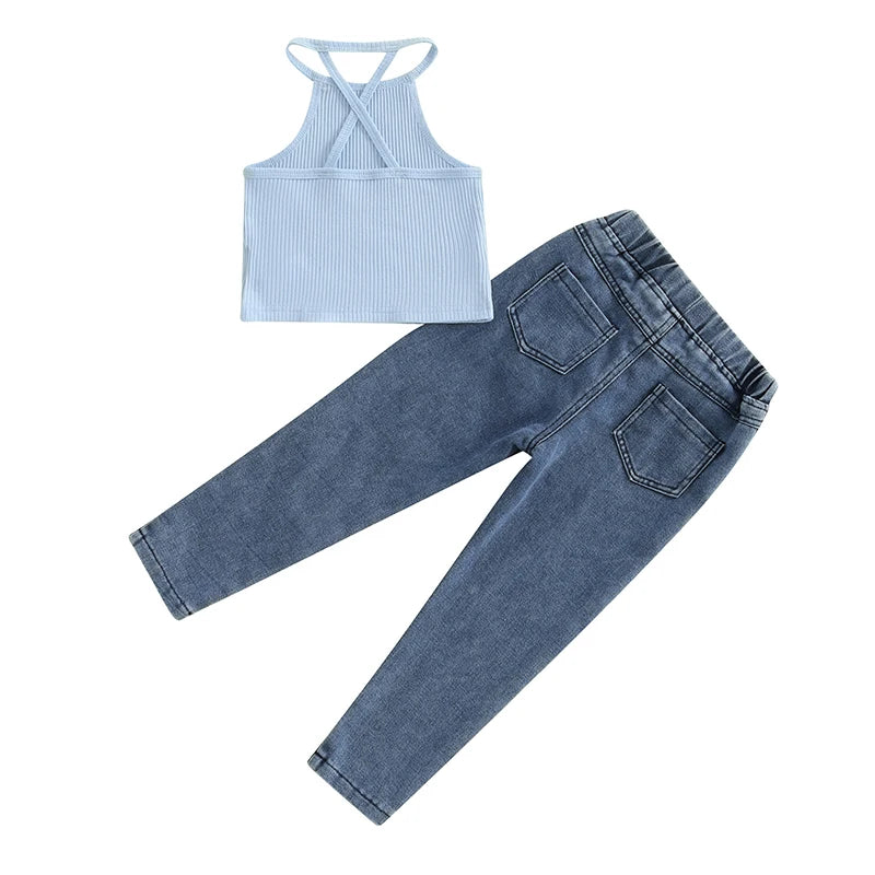 1-6Y Kids Girls Summer Clothes Sets Ribbed Halter Tank Tops and Elastic Ripped Denim Pants