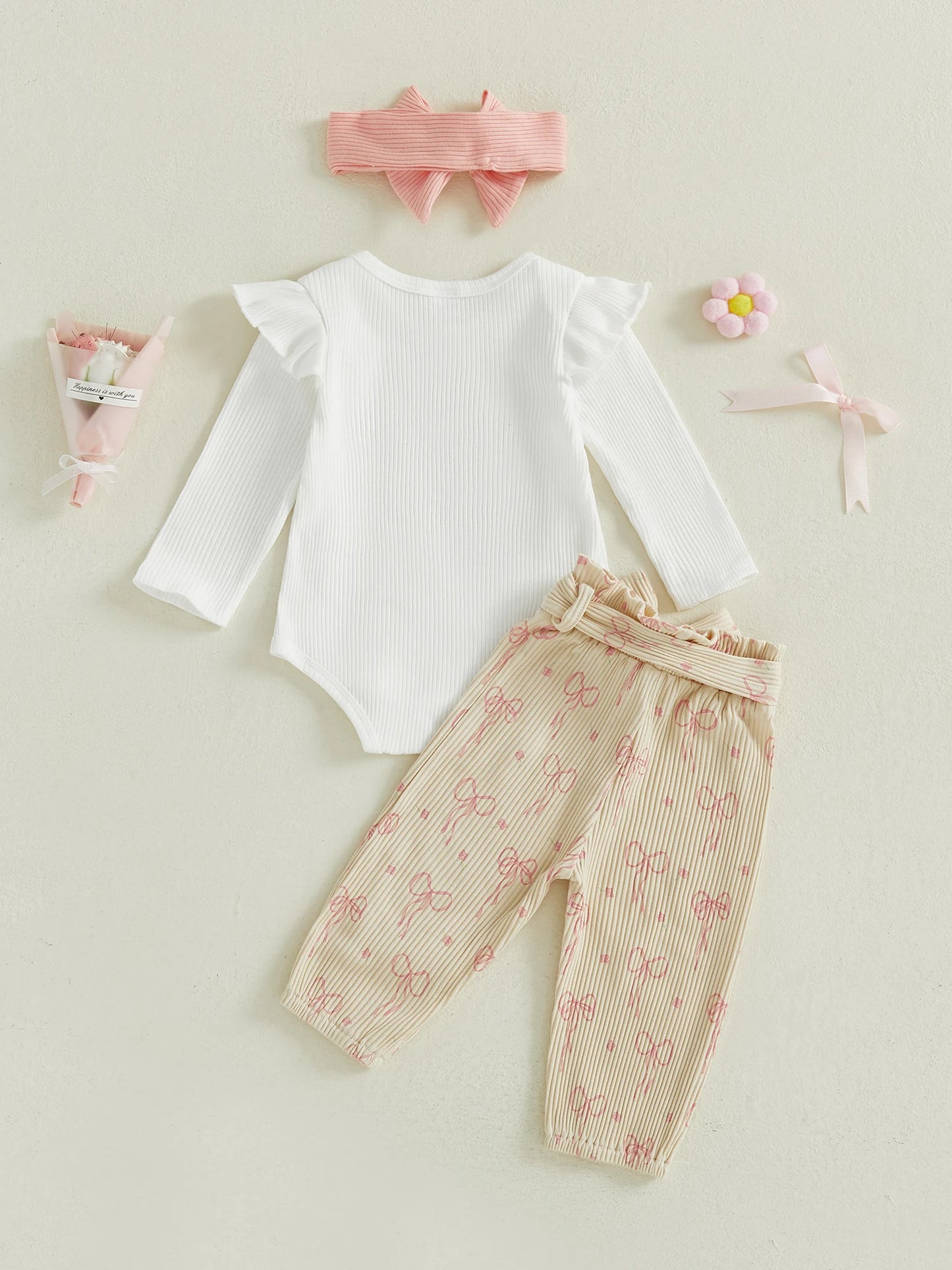 Newborn Baby 4-Piece Outfit Set - Long Sleeve Romper, Pants, Belt & Headband