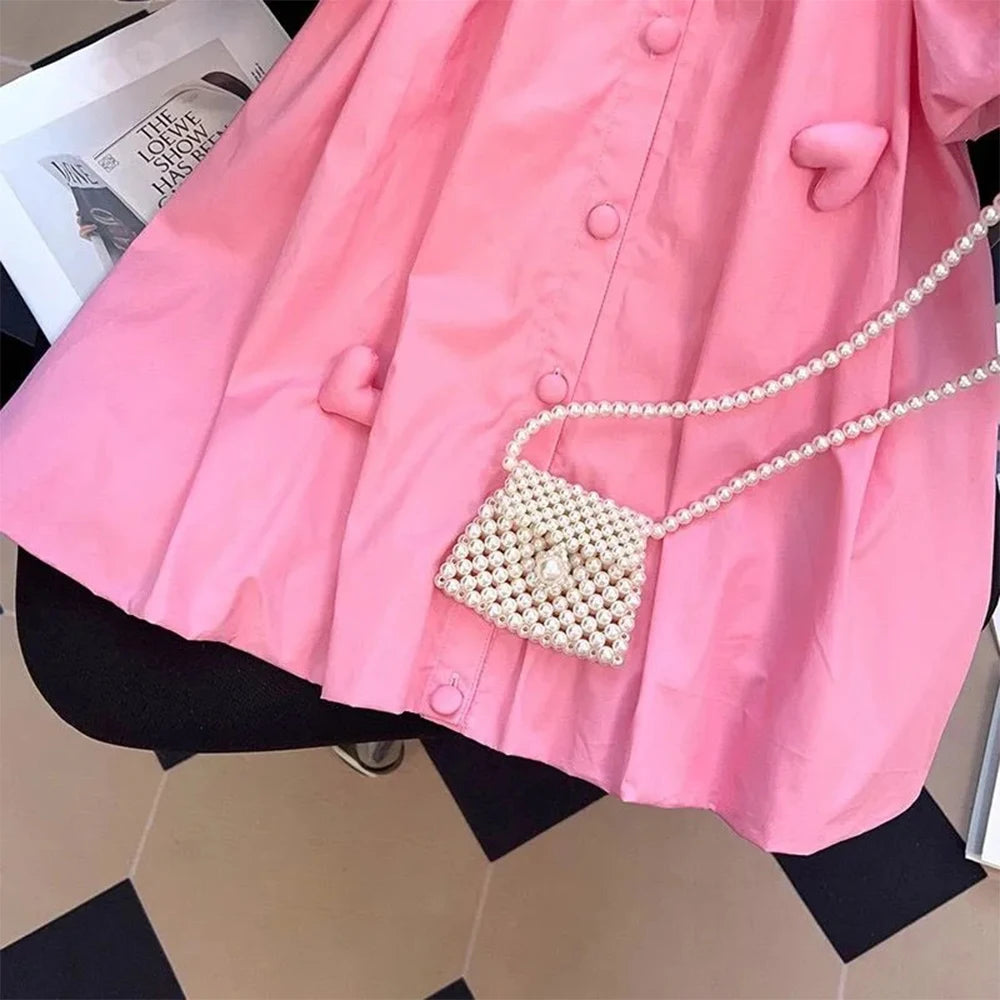 Girl's Summer Polo Collar 3D Love Decal Bubble Sleeve Princess Dress