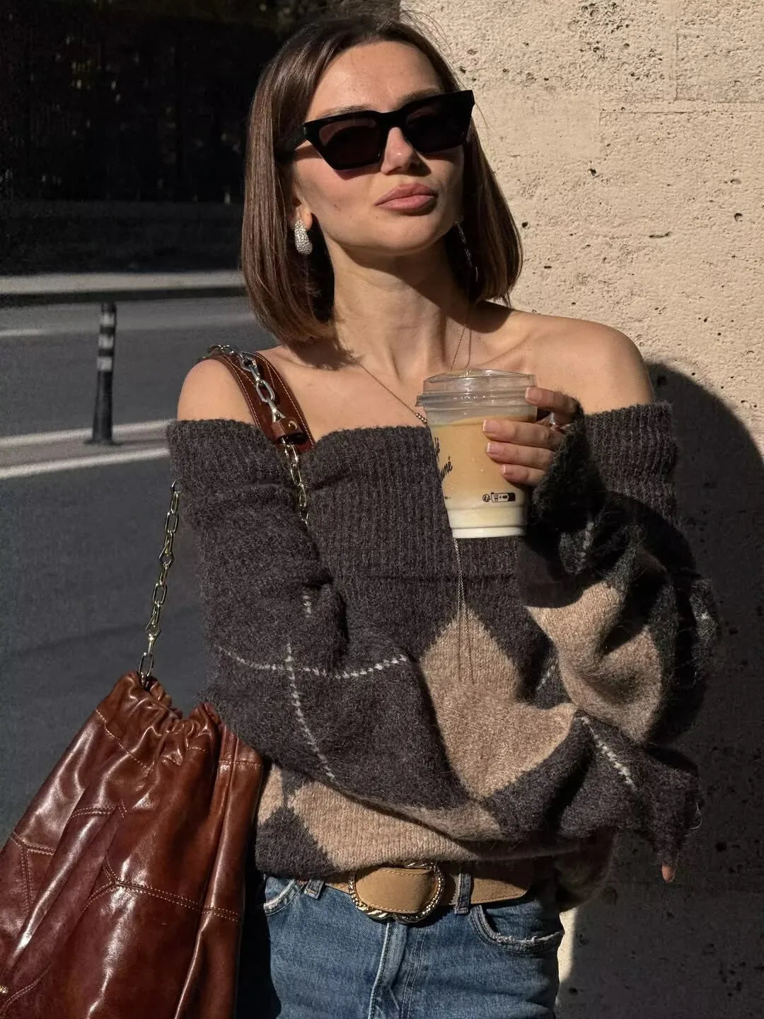 Vintage Argyle Off Shoulder Knit Sweater - Long Sleeve Loose Casual Pullover