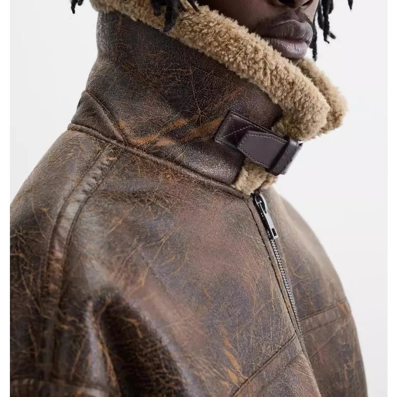 Men's Winter Lapel-Neck Jacket - Double-Sided Lamb Wool with Suede Piping