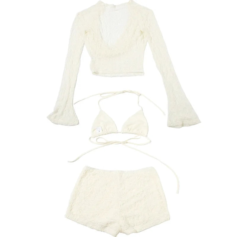 Women's Halter Draped 3 Piece Beach Set - Bikini with Long Sleeve Cover