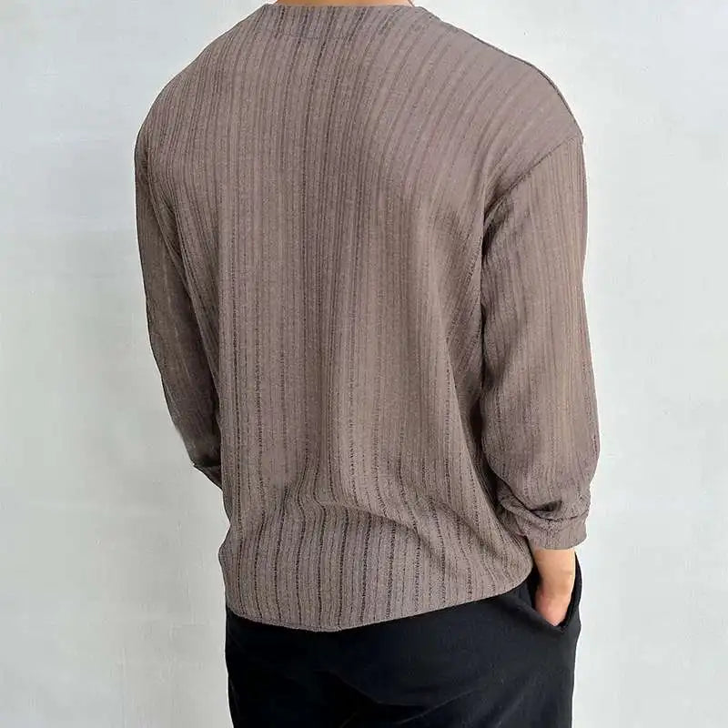 Men's Striped V Neck Long Sleeve Button Knitted  Shirt S-5XL