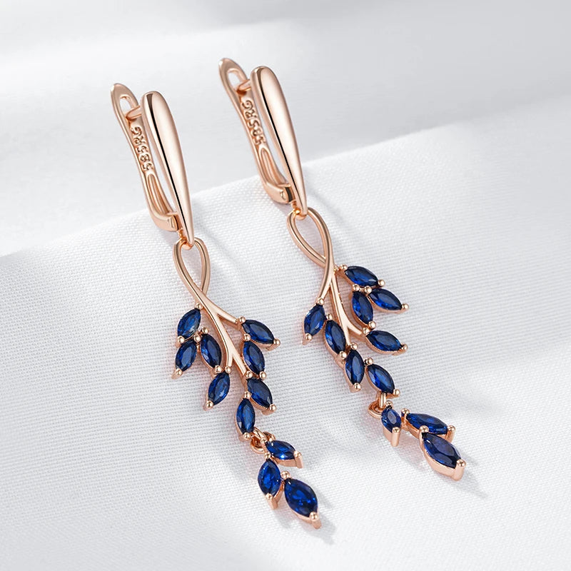 Women 585 Rose Gold Colour Blue Natural Zircon Leaf Shape Long Dangle Earrings