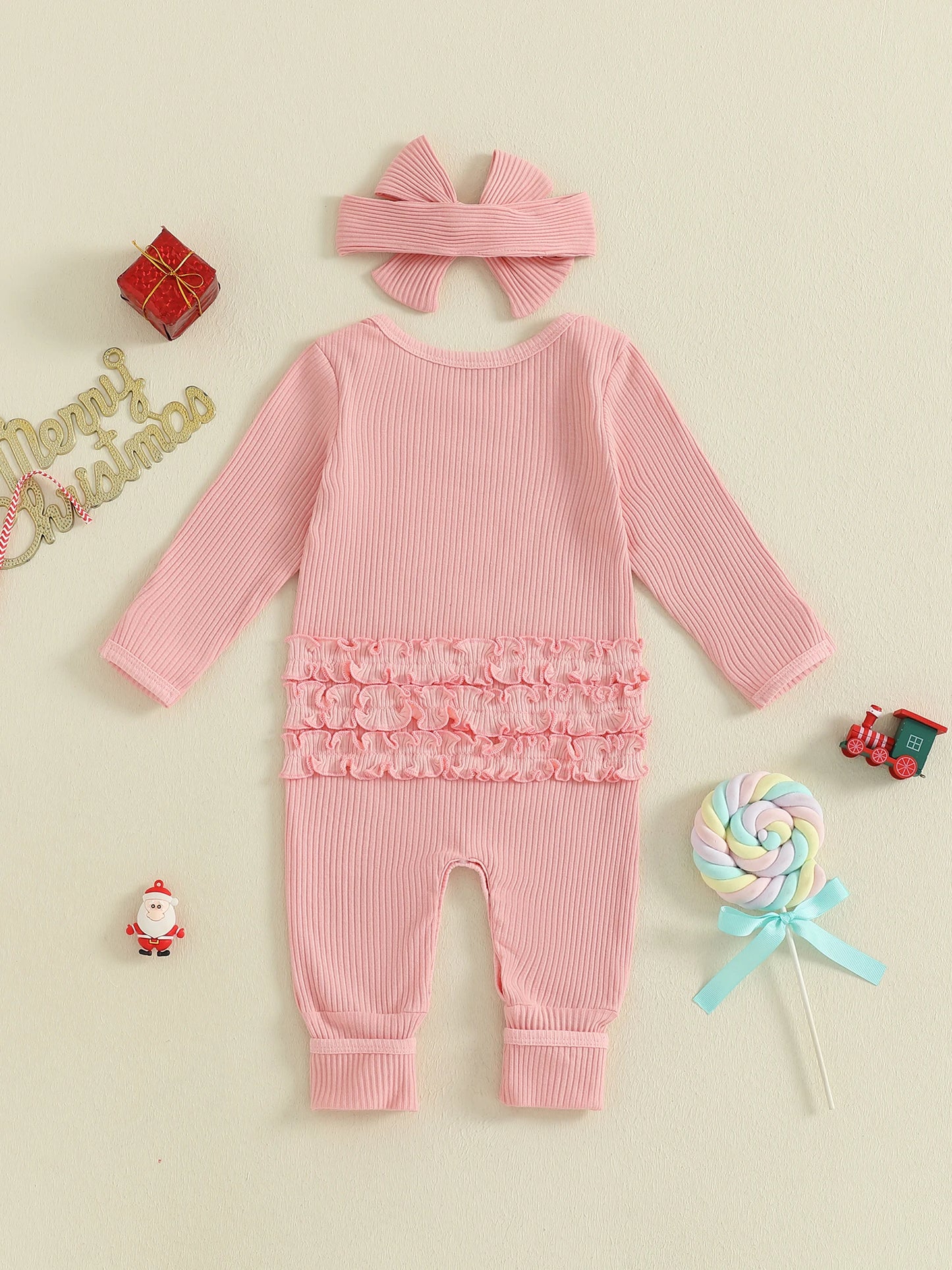 Baby Christmas Romper - Letter Hat Print Long Sleeve Jumpsuit with Headband (0-18M)
