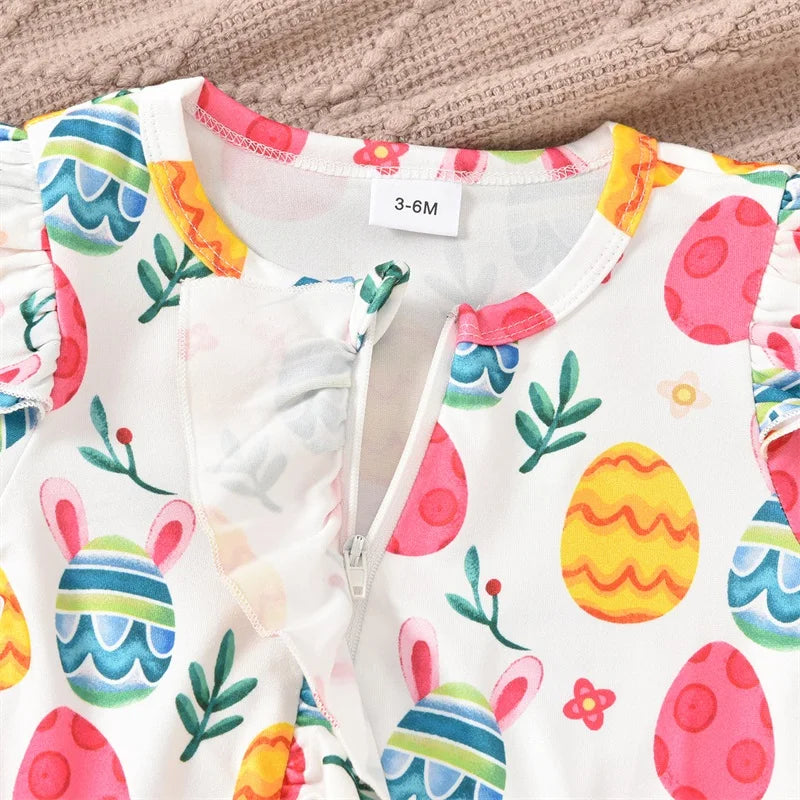 Newborn Baby Easter Jumpsuit - Long Sleeve Rabbit Egg Print Romper with Headband