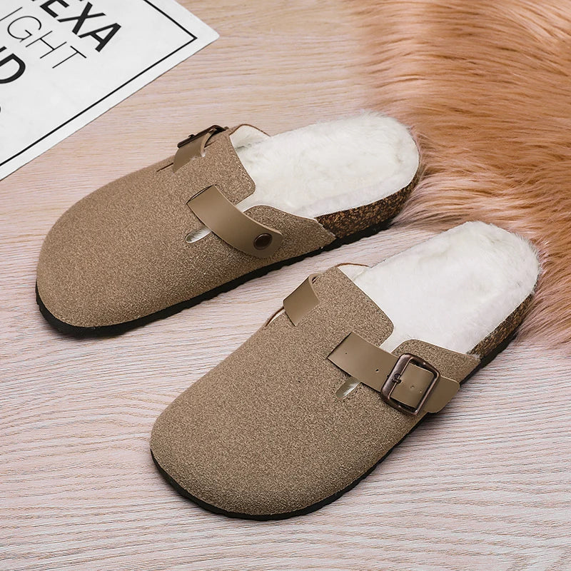 Winter Plush Slippers - Men's Warm Closed Toe Buckle Design Clogs