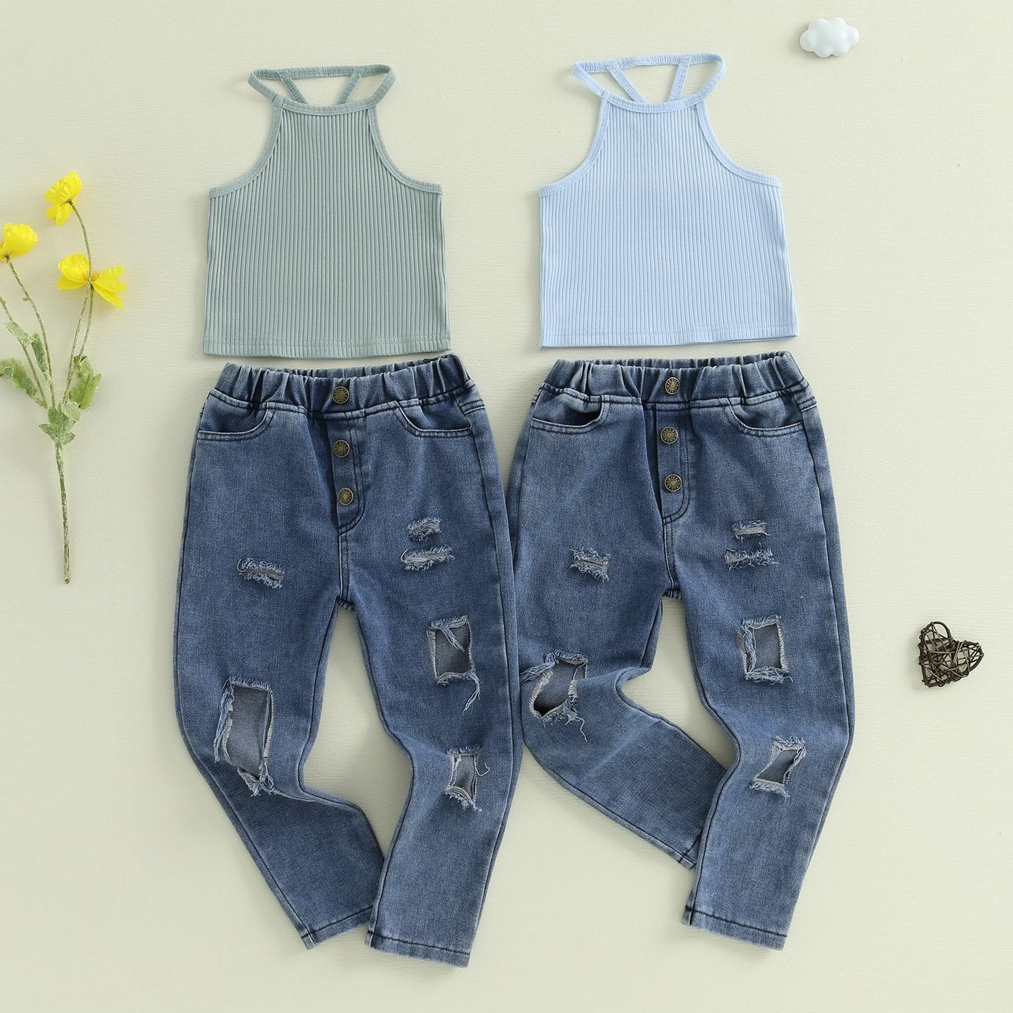 1-6Y Kids Girls Summer Clothes Sets Ribbed Halter Tank Tops and Elastic Ripped Denim Pants