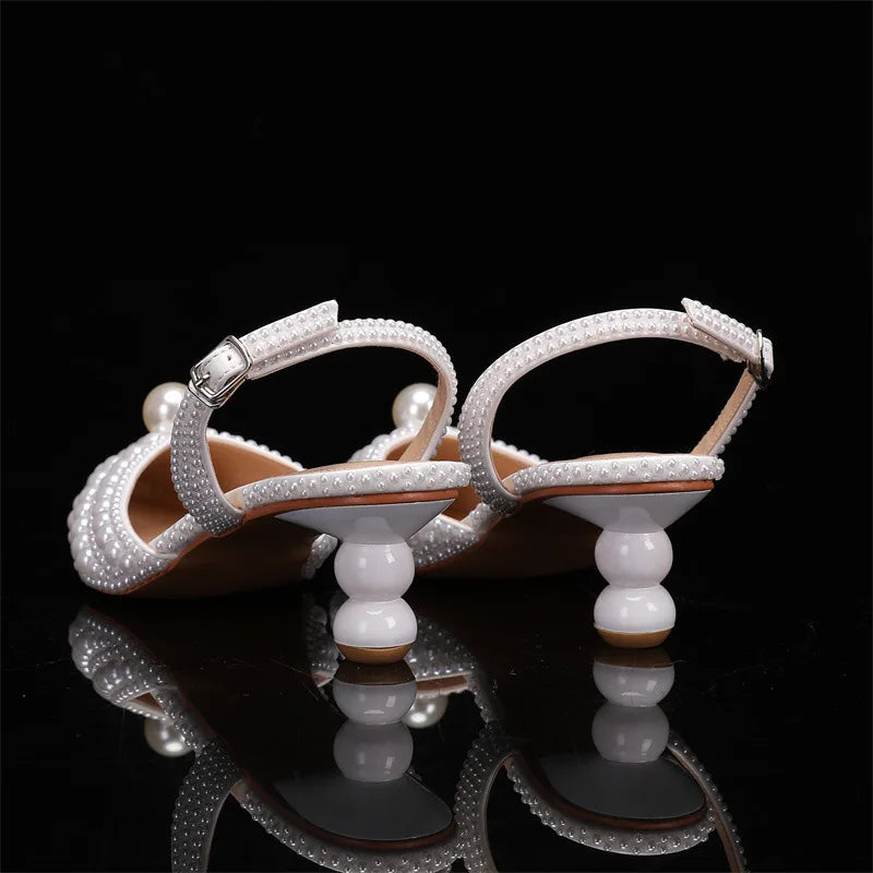 Women's 5cm Round Heel Shaped Heel Pearl Sandals