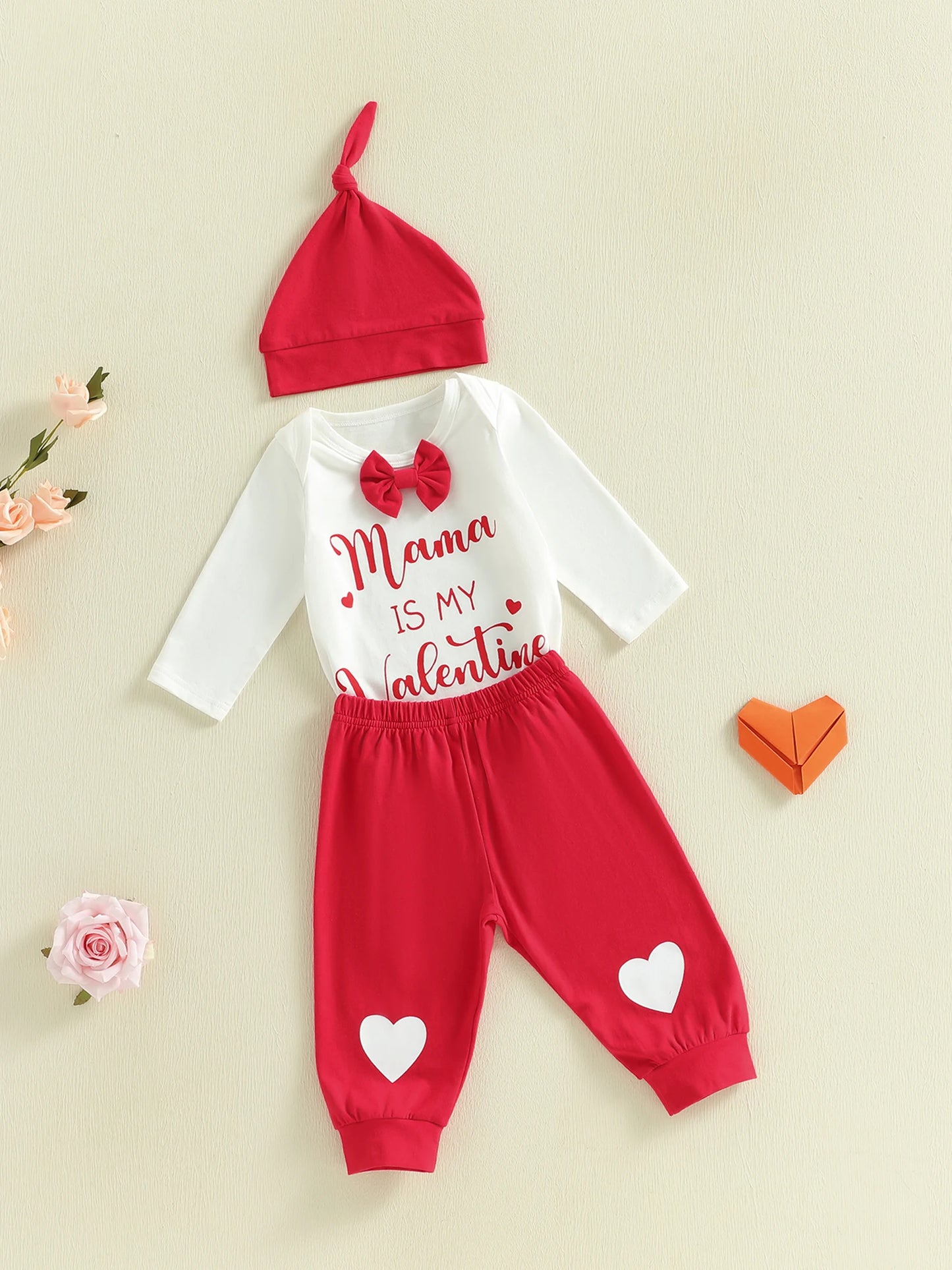 Valentine's Day Baby Boy 3-Piece Outfit Set - Heart Print Romper, Pants & Hat