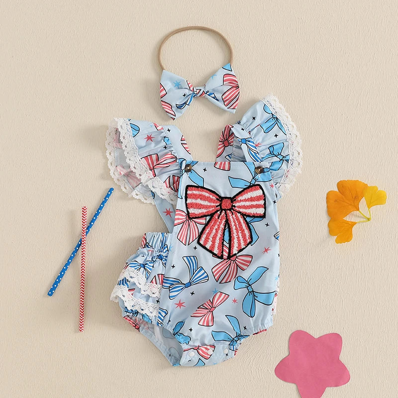 2pcs Baby Girls Independence Days Romper 0-18M Lace Flutter Sleeve Bow Embroidery Layered Hem Jumpsuit Headband