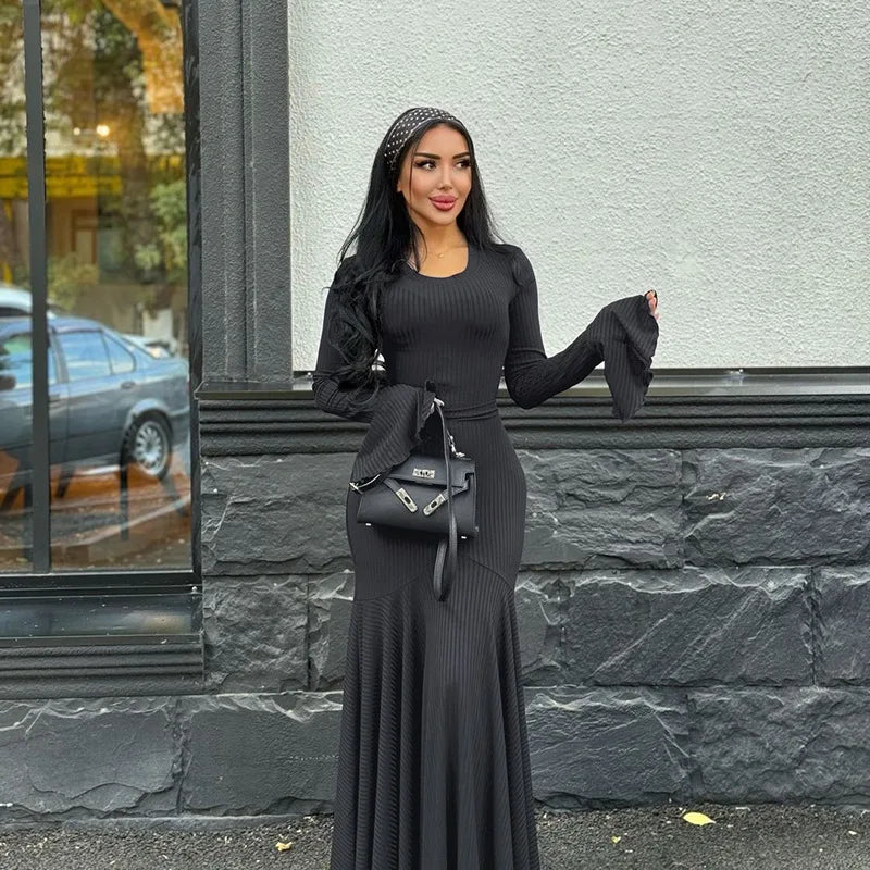 Women's Bandage Long Sleeve Casual Outfits Elegant Frill Ribbed Maxi Dress