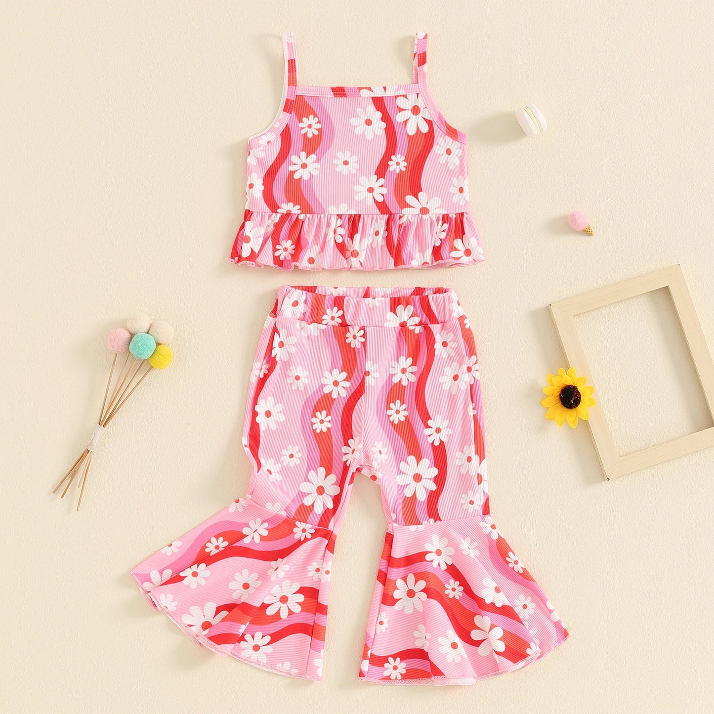 0-4Y Toddler Little Girls Summer Clothes Sets 2pcs Ruffles Sleeveless Wave Stripe Floral Print Ribbed Tank Flare Trousers