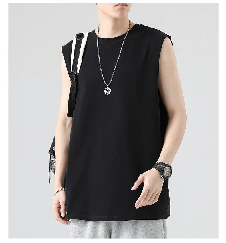 Men's Summer Cotton Sleeveless Loose Vest Sports Comfortable Breathable Round-Neck Tank Top