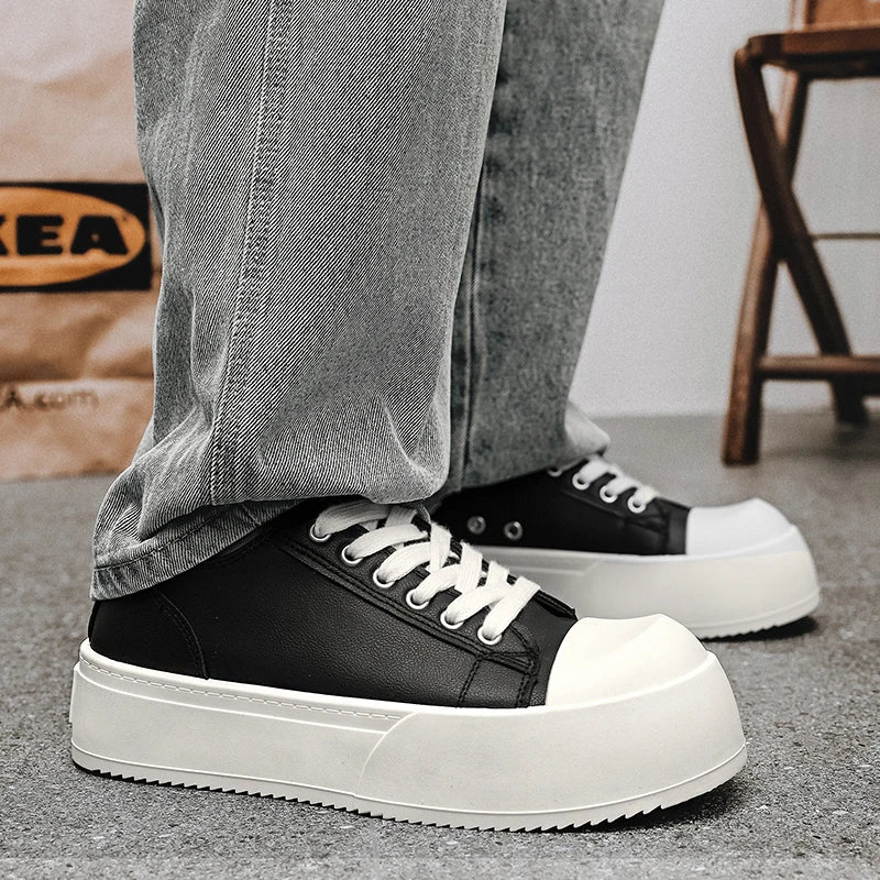Men's Leather Platform Sneakers - Vulcanized Tennis Sports Shoes