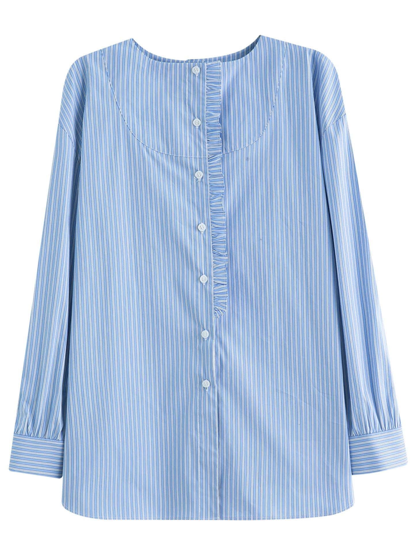 Plus Size Striped Shirt & Skirt Set with Wooden Collar Detail