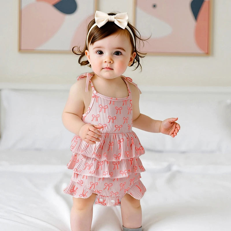 Bow Print Layered Ruffle Spaghetti Strap Baby Romper