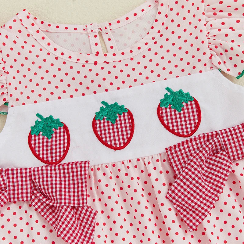 0-18M  Baby Girls Romper for Summer Strawberry Embroidery Dot Print Crew Neck Ruffled Flying Sleeve Babygrow Jumpsuit