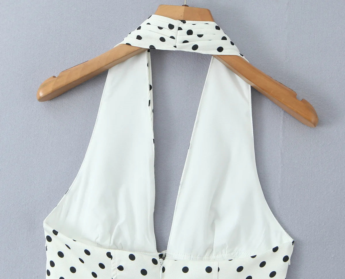 Polka Dot Halter Mini Dress - Deep V Backless A-Line Dress