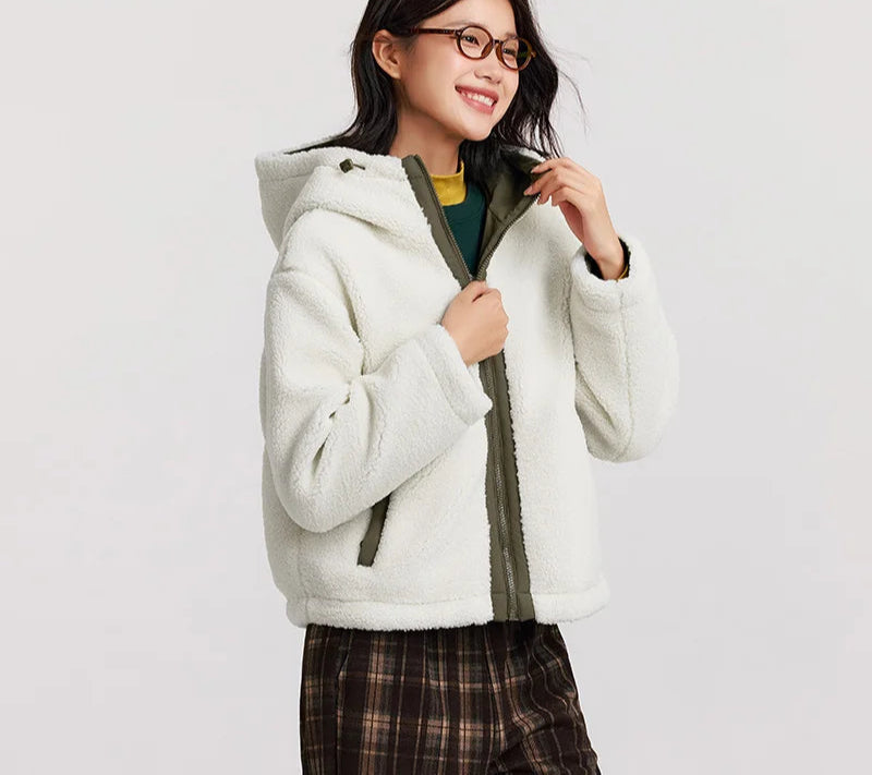 Women's Anti-Static Faux Sherpa Hooded Jacket - Loose Fit Color Block Winter Coat