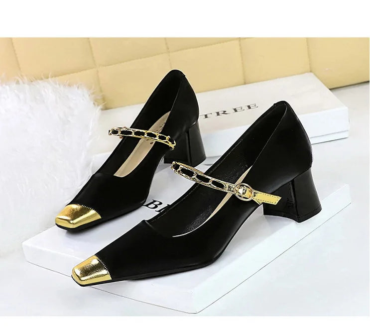 Women's Square Toe Metal Chain Temperament Mary Jane Middle Heel Shoes