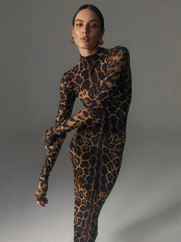 Women's Leopard Print Maxi Long Sleeve Gown Dress