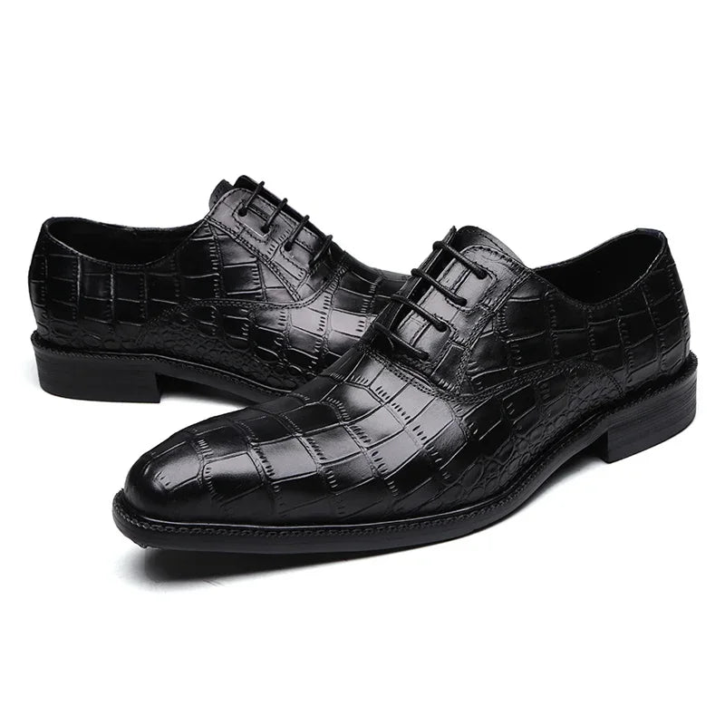 Crocodile Pattern Square Toe Brogue Leather Oxford Shoes
