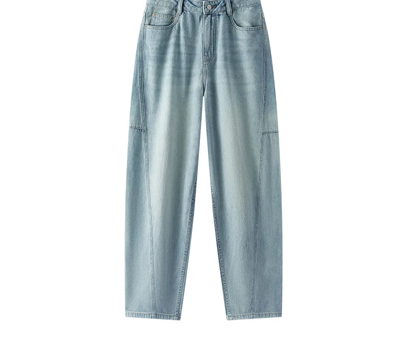Women's Vintage Cotton Wide Leg Jeans - Curved Hem Retro Style