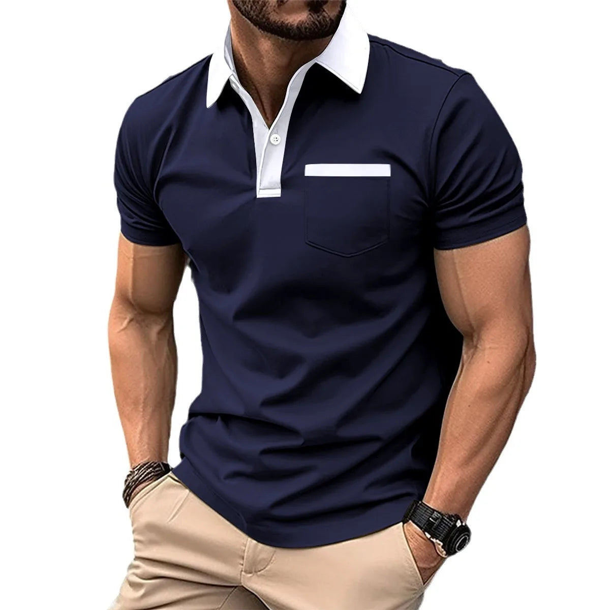 Men's Cotton Blends Polo Turn Down Collar Short Sleeve Smart Casual Patchwork Shirt