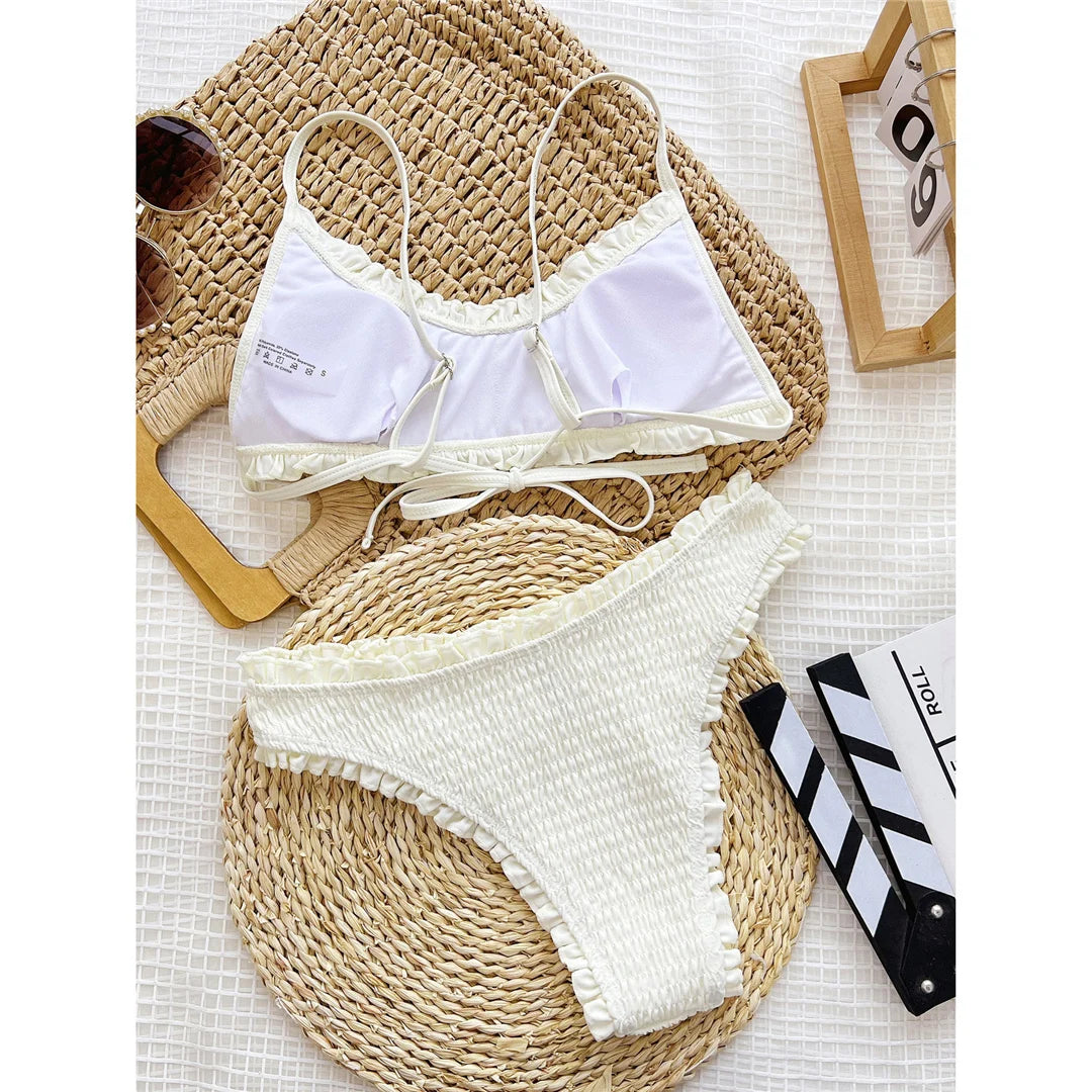 Women's Ruffled Frilled Mid-Waist Bikini Set | Wire-Free Padded Two-Piece Swimwear