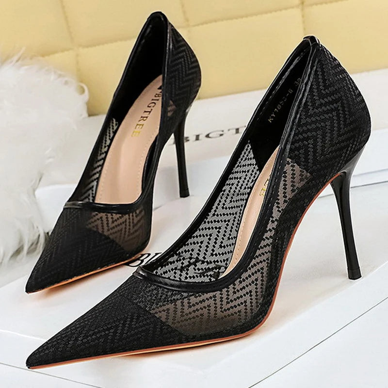 Women's Mesh Hollow Lace  Stiletto High Heels Shoes