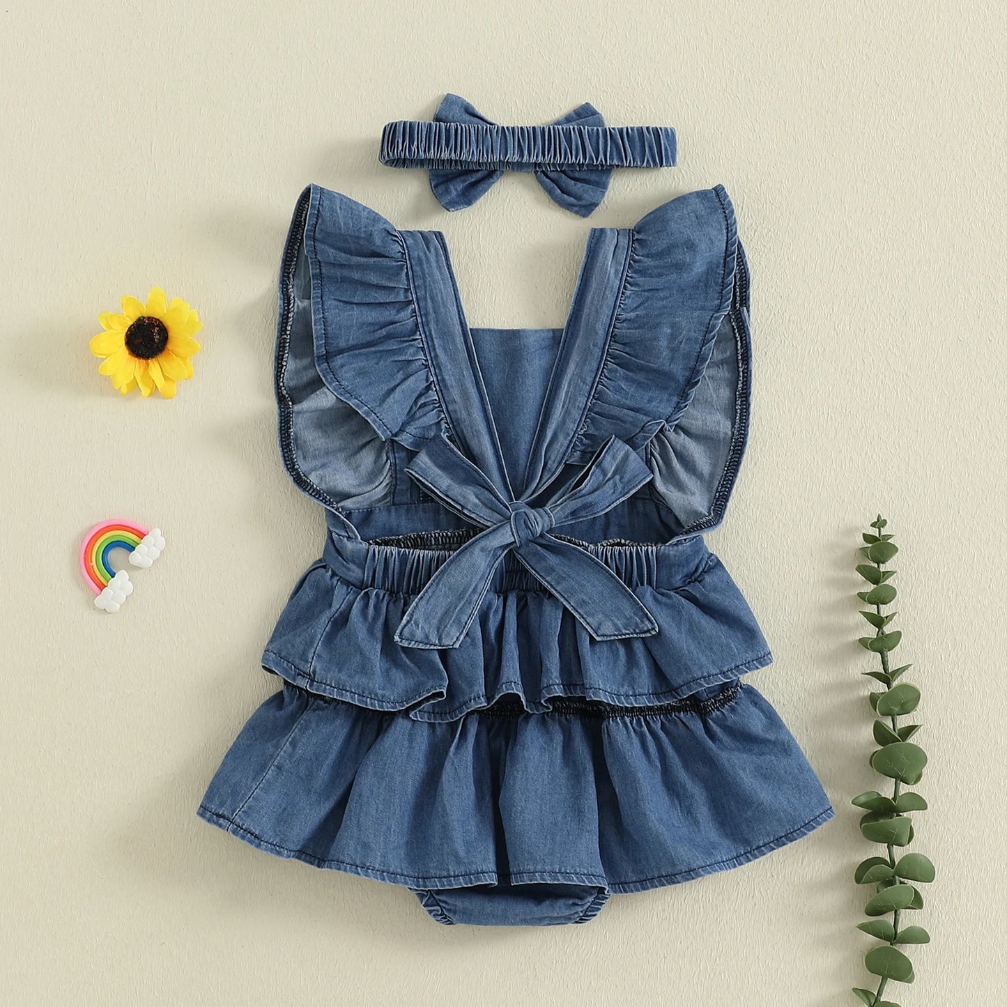 Baby Girls Denim Romper Dress Set - Ruffles Fly Sleeve Layered Jumpsuit with Bowknot Hairband
