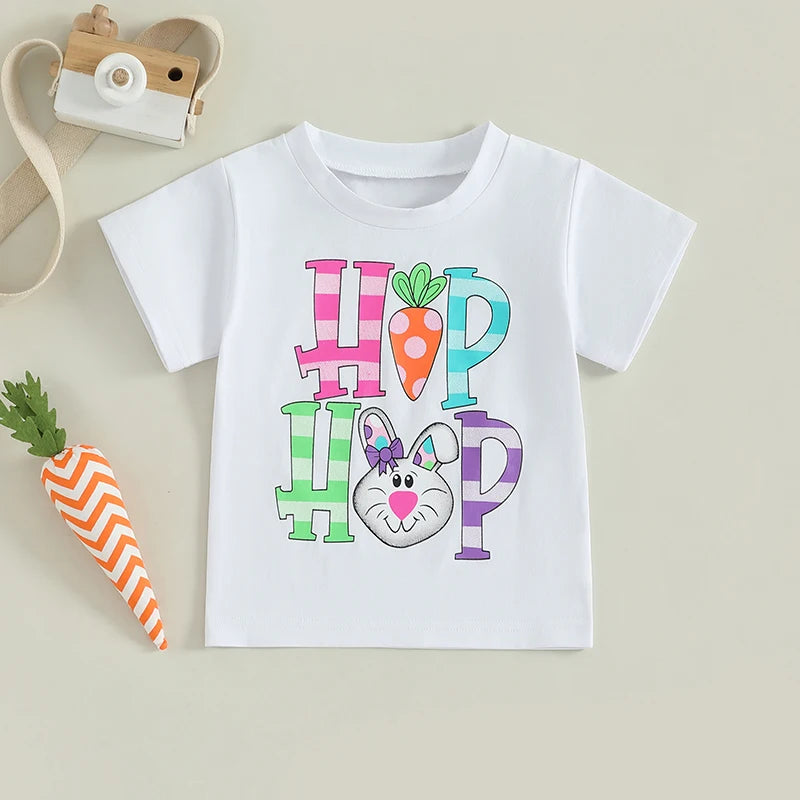 0-6Y Summer Kids Boys Girls Easter T Shirt Rabbit Letter Print Short Sleeve Pullover Top