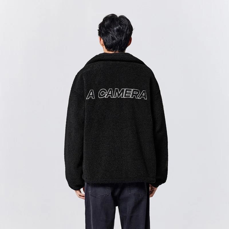 Men's Loose Fit Fleece Jacket - Plush Embroidered Stand Collar Winter Coat