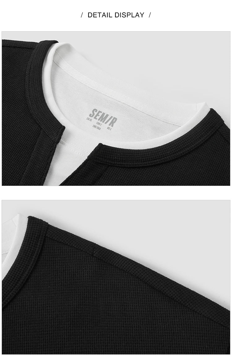 Colorblock Layered Look Waffle Texture Long Sleeve T-Shirt - Men's Loose Fit Top
