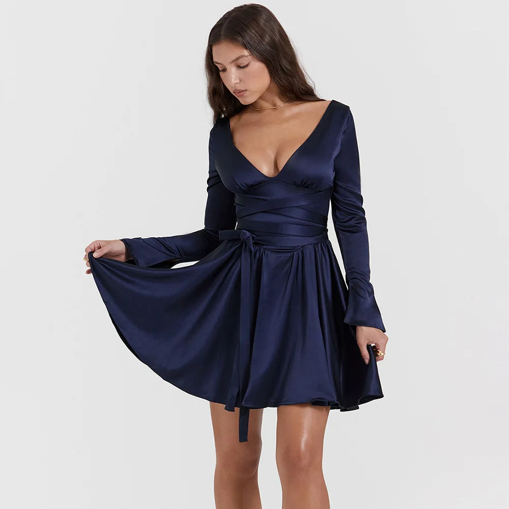 Women's Long Sleeve V Neck Belt Party Dress