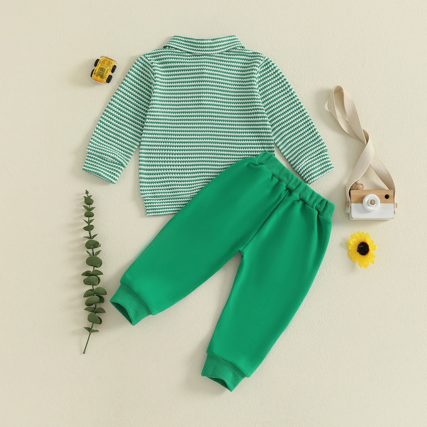 Infant Baby Boys Fall Winter Clothes Set - Long Sleeve Truck Embroidery Striped Top & Elastic Waist Pants