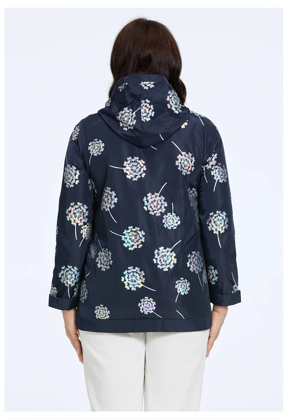 Women's Oversized Hooded Flower Print Zip Windbreaker Jacket