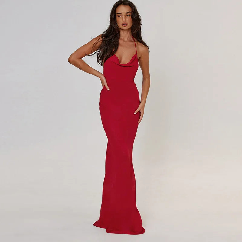 Women's Halter Slip Maxi Slip Sleeveless Open Back Draped Dress