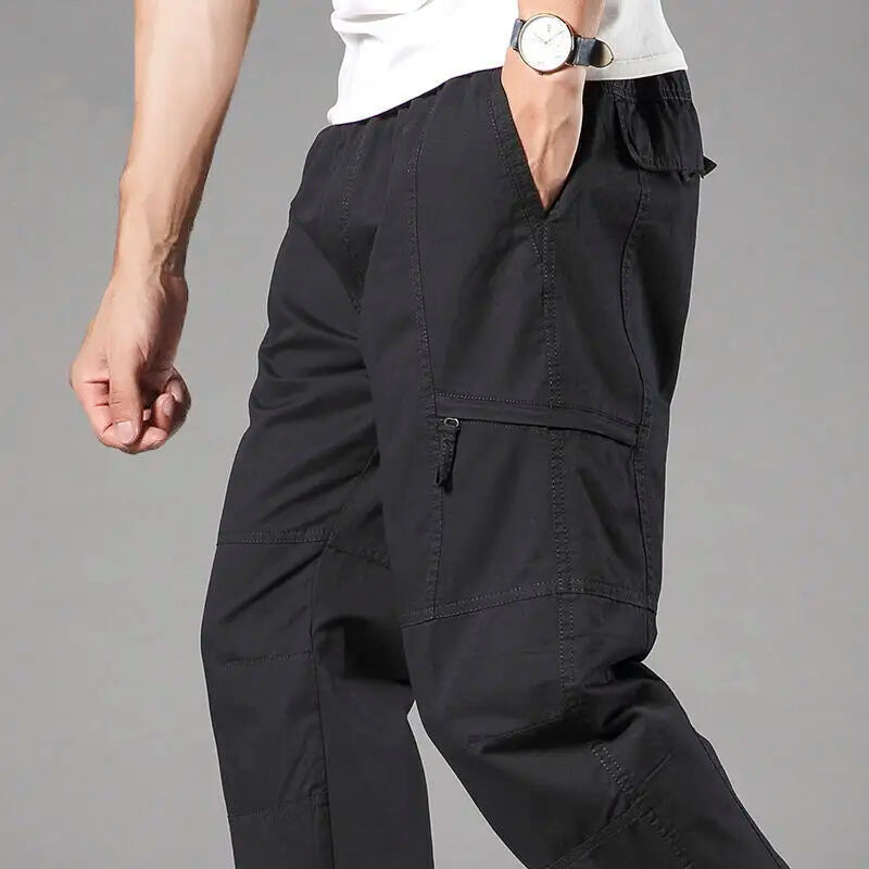 Men's Cotton Cargo Pants - Spring Autumn Multi-Pocket Drawstring Trousers