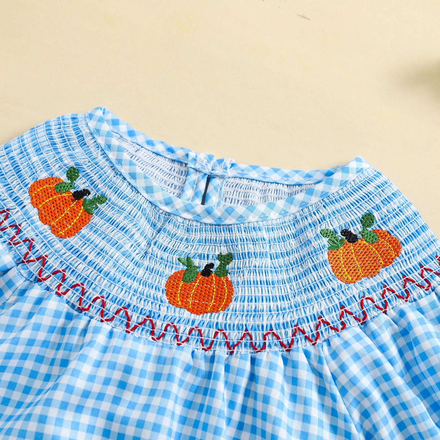 0-3Y Baby Girls Boys Romper Pumpkin Embroidered Plaid Print Short Sleeve Ruffled Jumpsuits