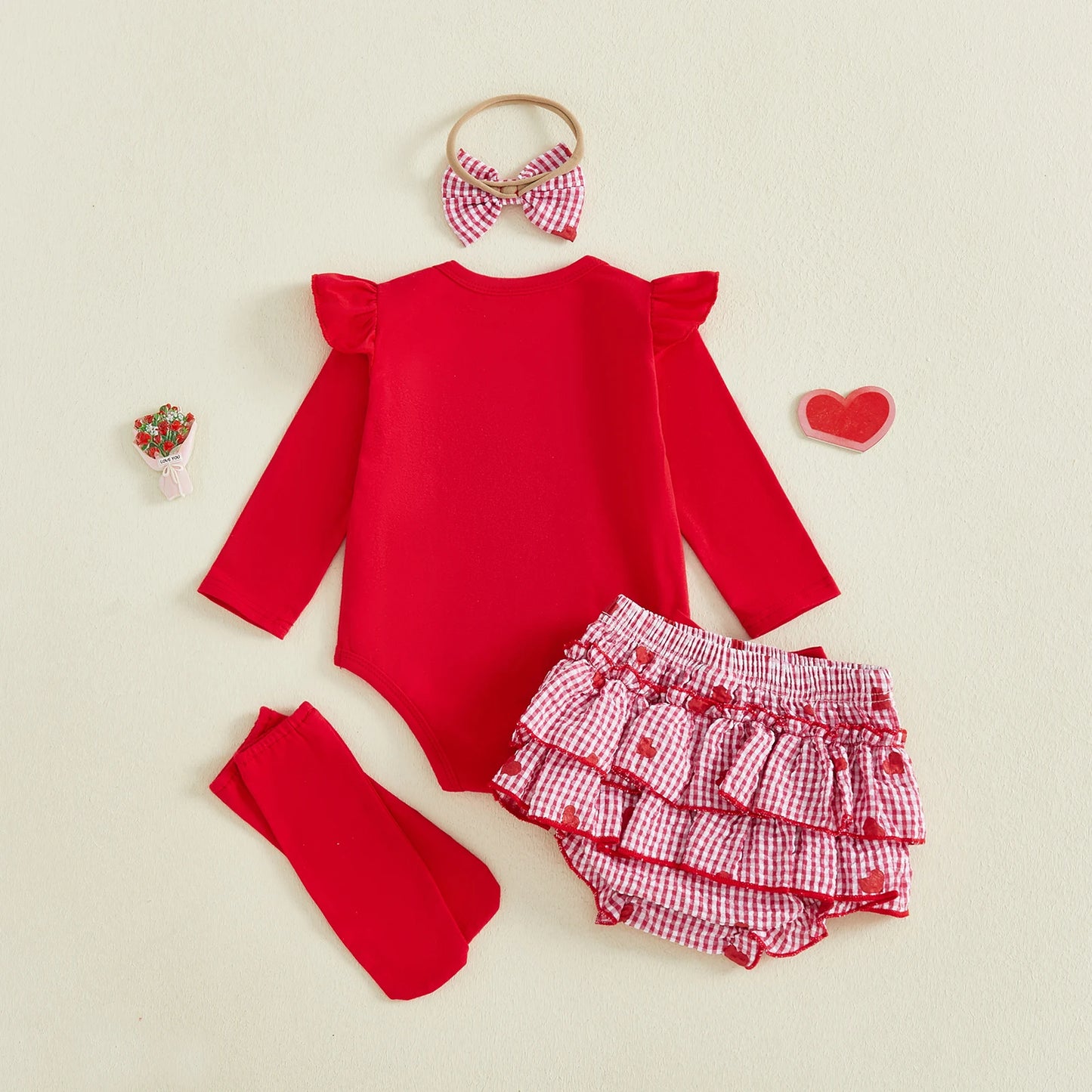 Baby Valentine's Day 4-Piece Outfit Set - Romper, Skirt, Leg Warmers & Headband