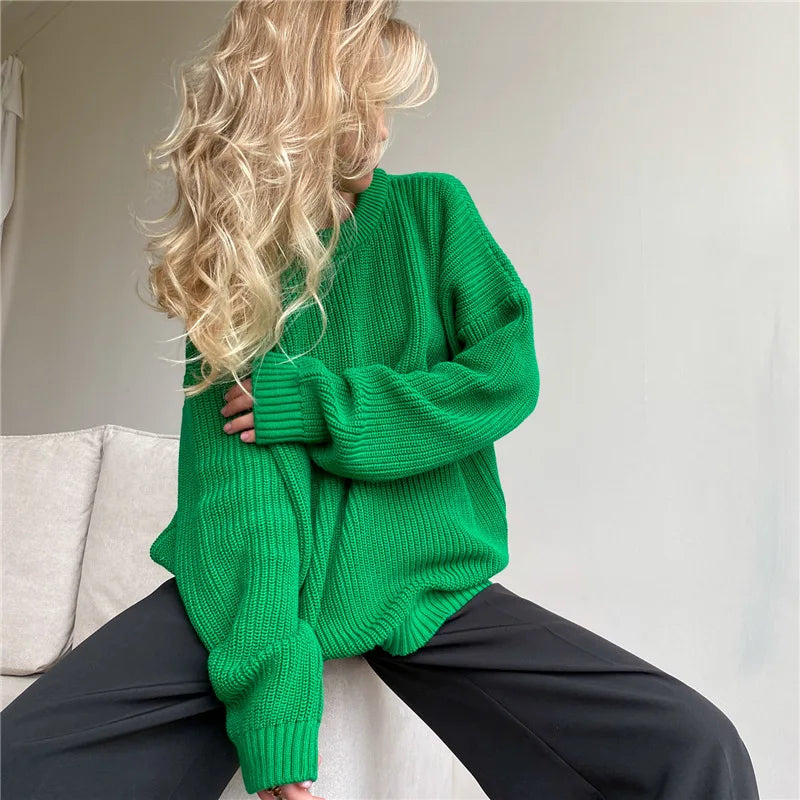 Women's Knitted Jersey Sweater - Long Sleeve Pullover Sweater