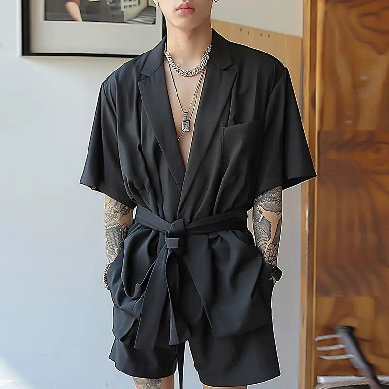 Men's Solid Colour Summer Loose Lapel Short Sleeve Shirt With Belt & Shorts 2PCS  Set