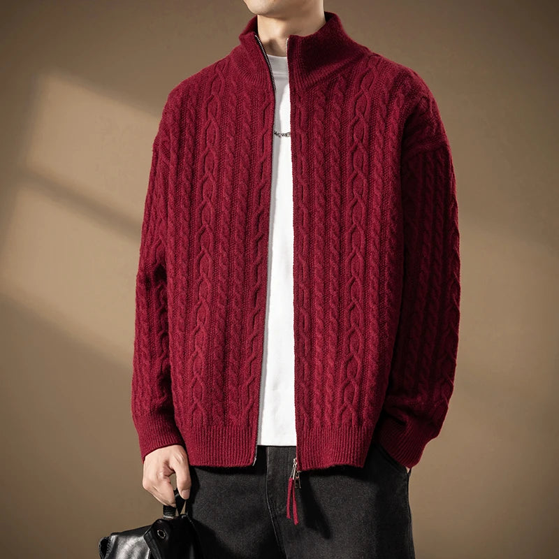 Men's Stand Collar Knitted Cardigan Sweatercoat Loose Fit Warm Casual Jacket