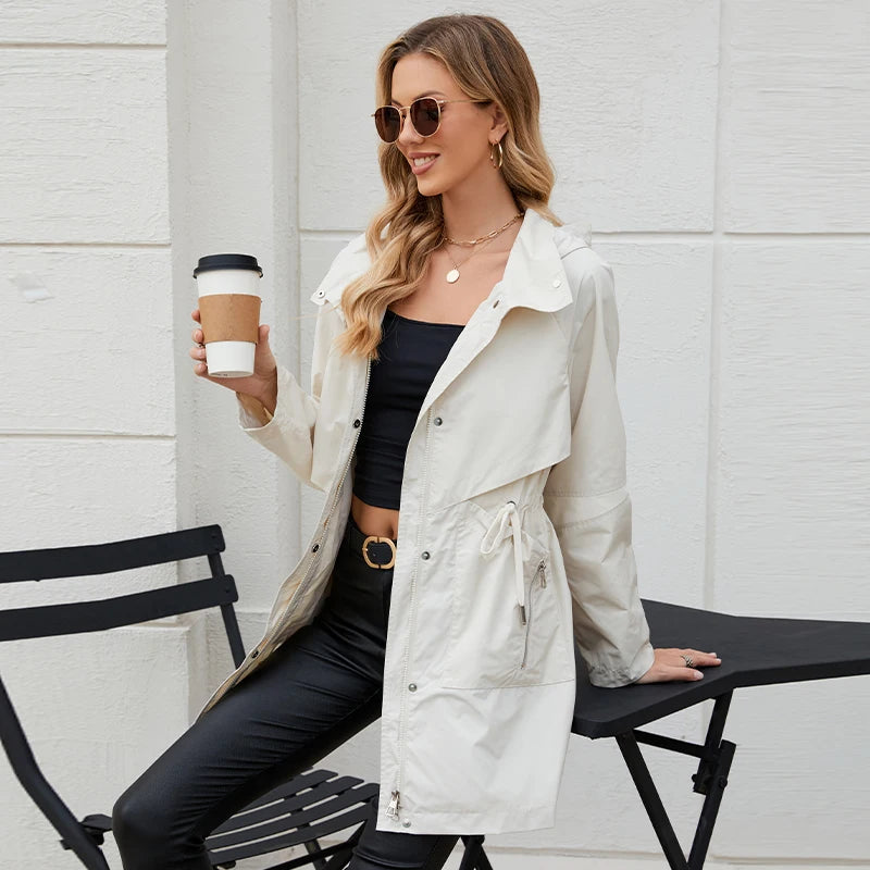 Hooded Trench Coat with Drawstring Waist