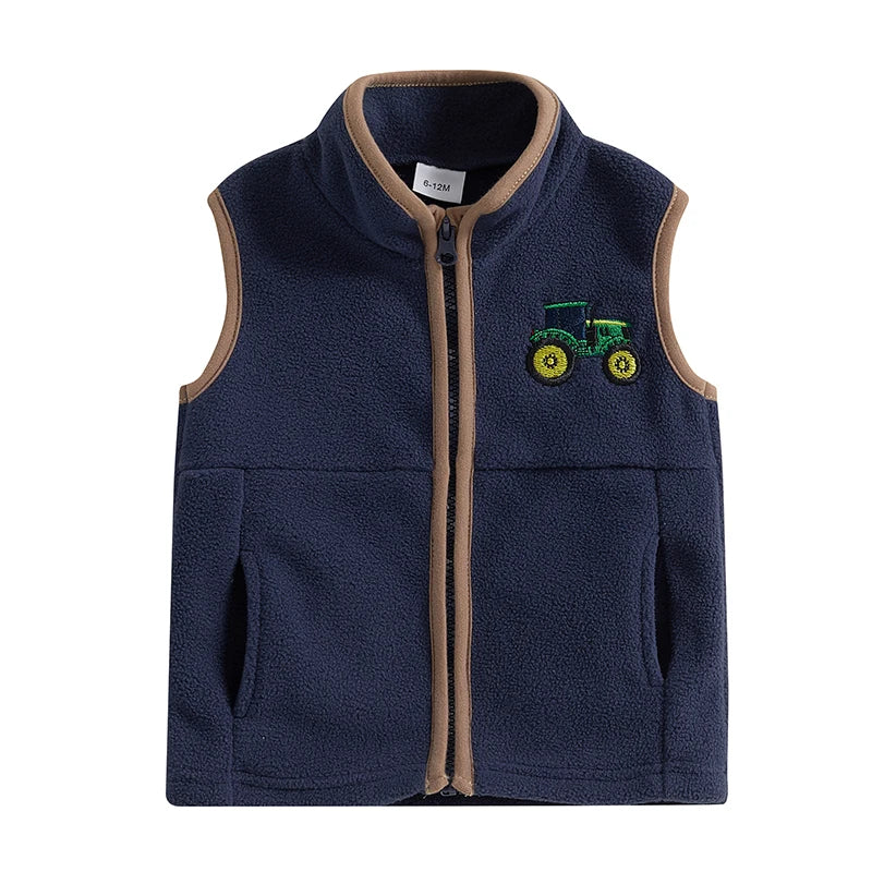 Toddler Boy's Autumn Vest - Sleeveless Zip-Up Tractor Embroidery Fleece Jacket