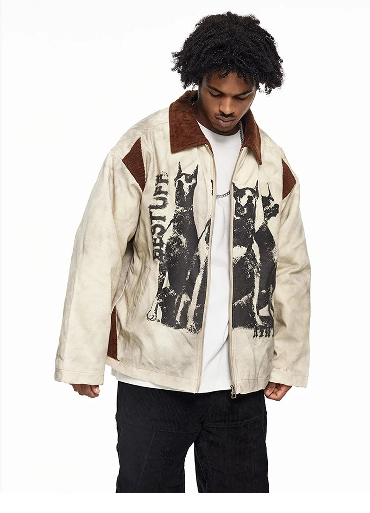 Men's Dog Head Graffiti Print Lapel Jacket Distressed Winter Jacket