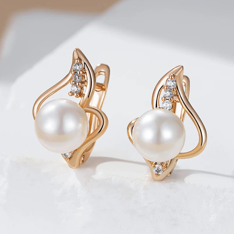 Women's Unique Geometric Natural Zircon 585 Rose Gold Colour Pearl English Earrings